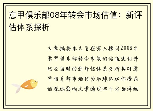 意甲俱乐部08年转会市场估值：新评估体系探析